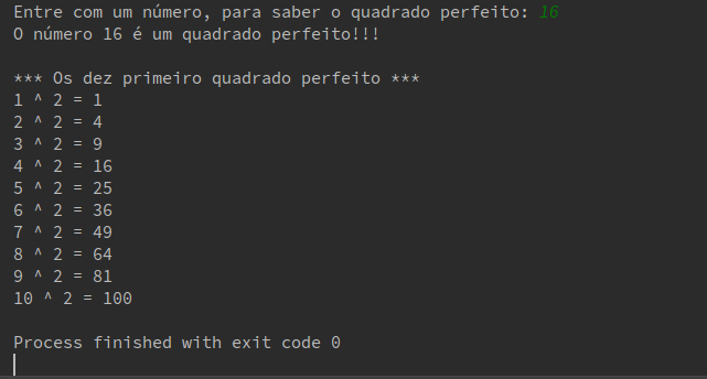 Resultado Script Python número quadrado perfeito