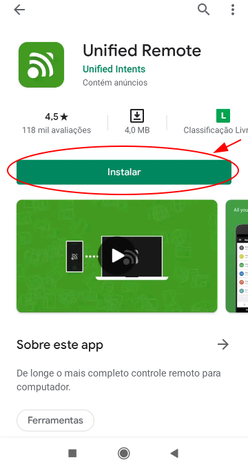 Botão de instalar aplicativo mobile Unified Remote