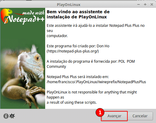 Tela PlayOnLinux assistente de instalação