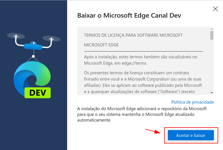 Opção para download do Microsoft Edge