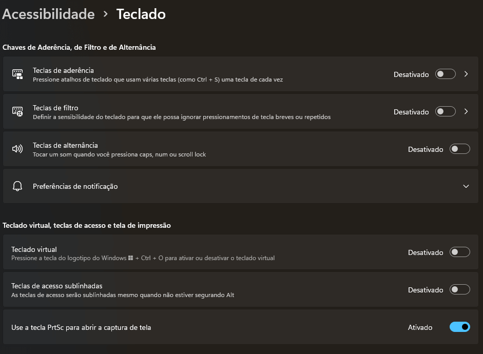 Configurações Acessibilidade Teclado Opções