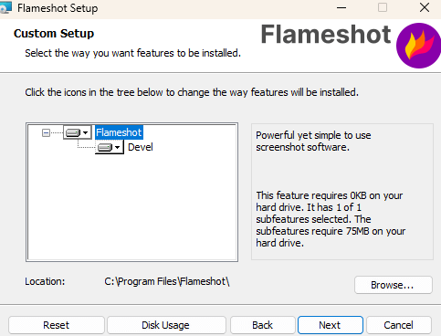 Flameshot Instalação tela local de instalação