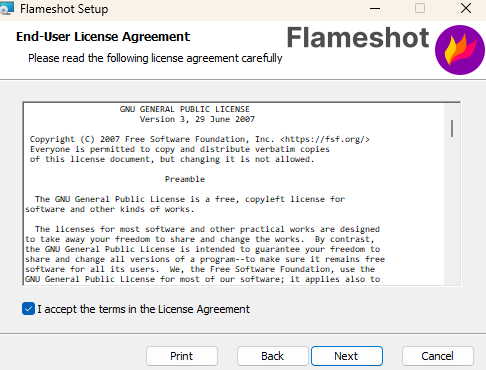 Flameshot Instalação tela termos de licença