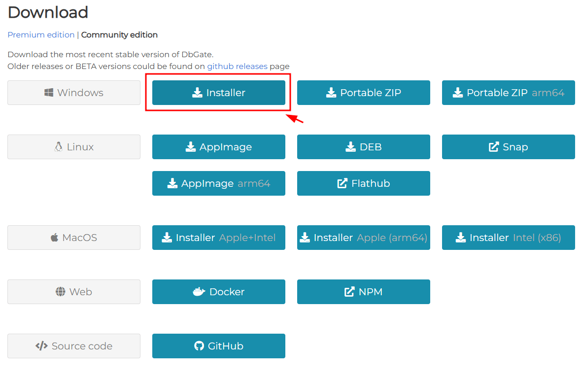 Site DbGate tela de download community edition
