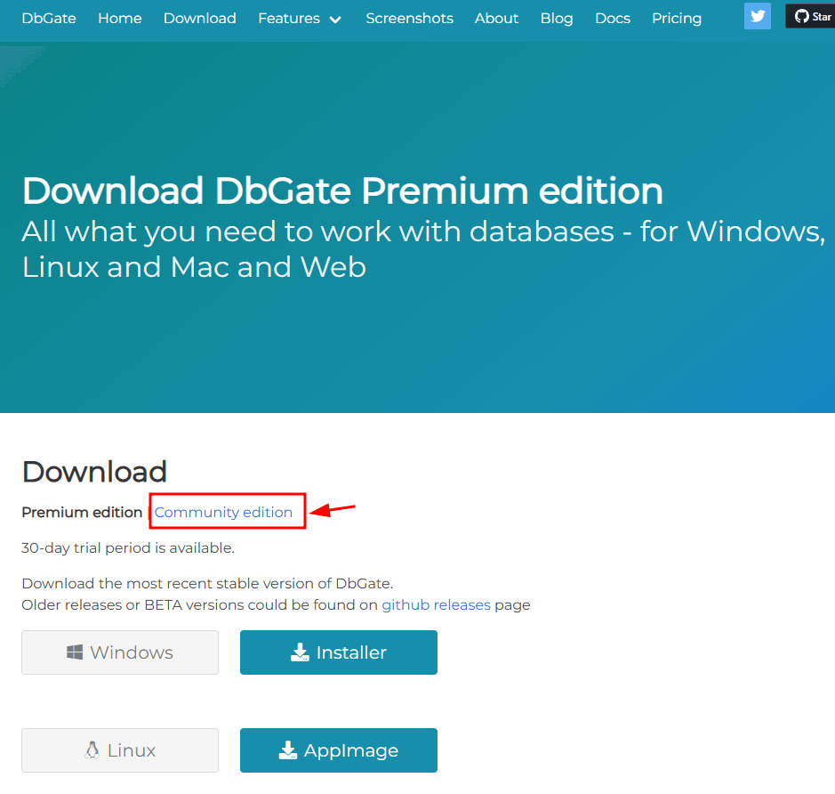 Site DbGate tela de download